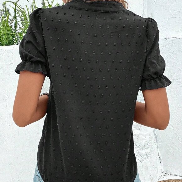 Black Boho Womens Floral Embroidery Notched Neckline Puff Sleeve Blouse - Picture 2 of 5